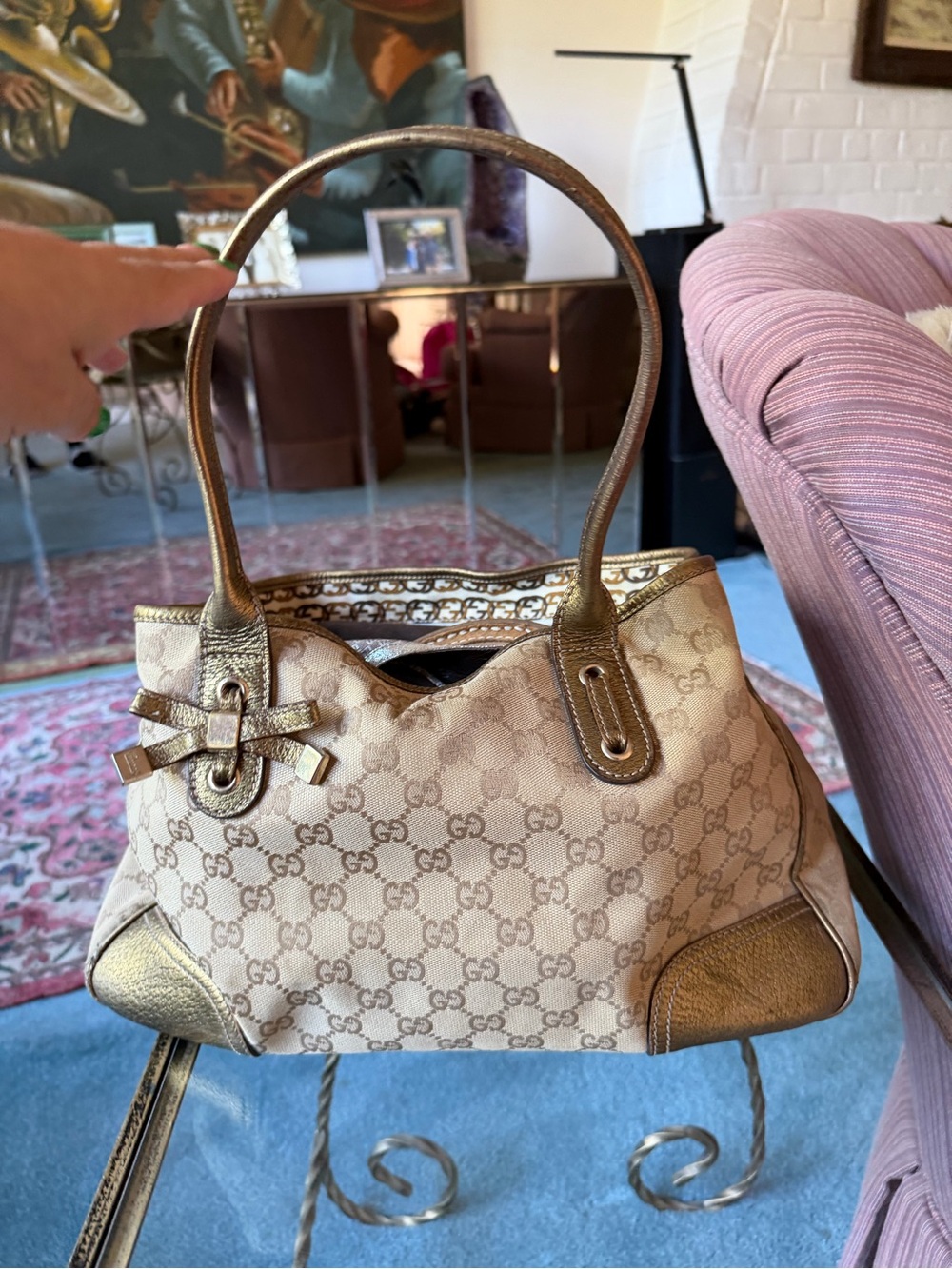 Gucci Beige Monogram Canvas Shoulder Bag with Gold Trim
